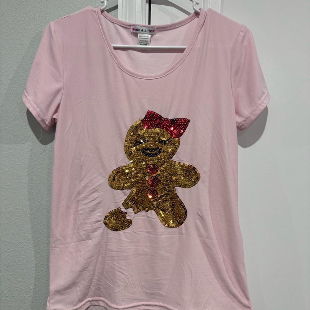 Pink Pajama Top with Gold Sequin Gingerbread